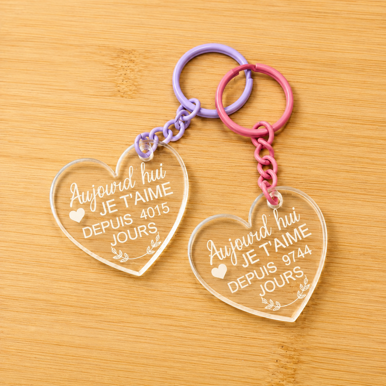 Porte clé Coeur Plexiglas "Je t'aime depuis"