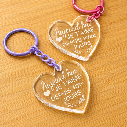 Porte clé Coeur Plexiglas "Je t'aime depuis"