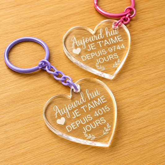 Porte clé Coeur Plexiglas "Je t'aime depuis"
