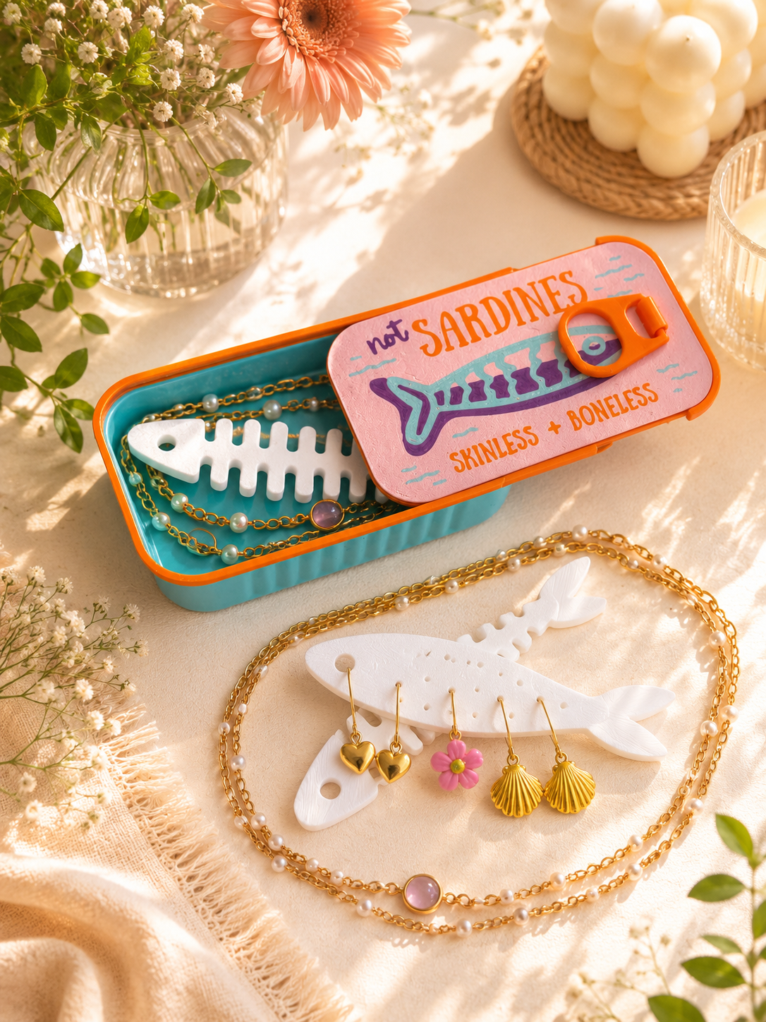 Boîte à bijoux Sardine orange et turquoise