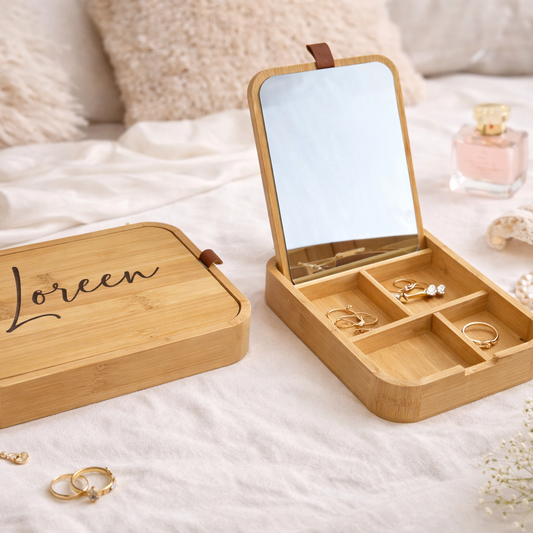 Boîte à bijoux / maquillage en bambou à personnalisée avec prénom